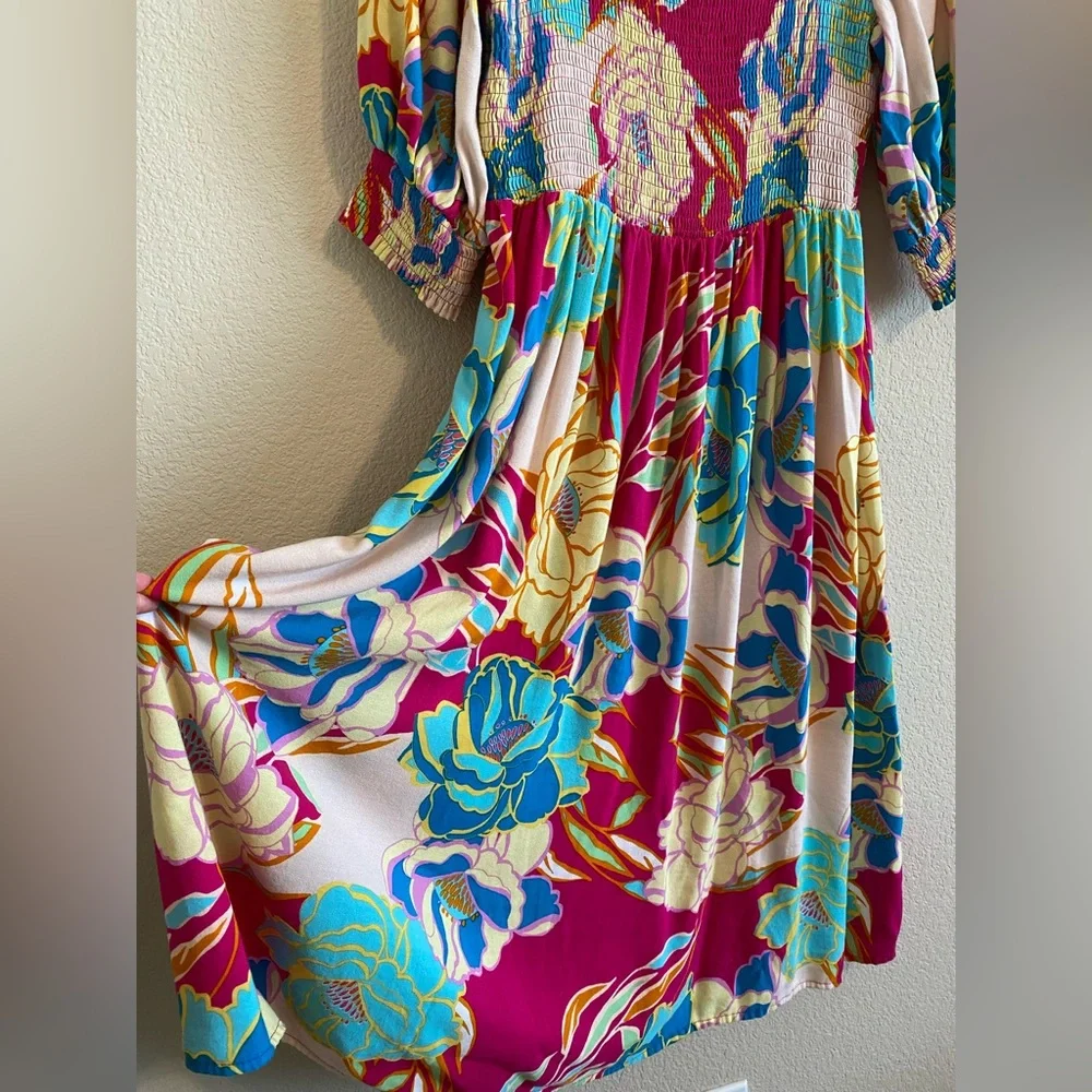 ODDI Women’s Floral Pink Blue Yellow Dress Size 1XL - Picture 3 of 10